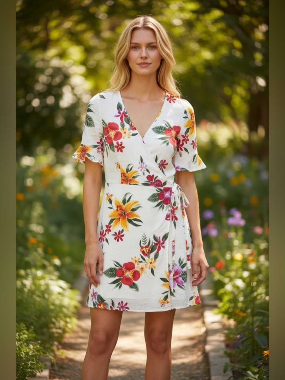 Old Navy White Floral Wrap Mini Dress with Red, Yellow & Green Accents